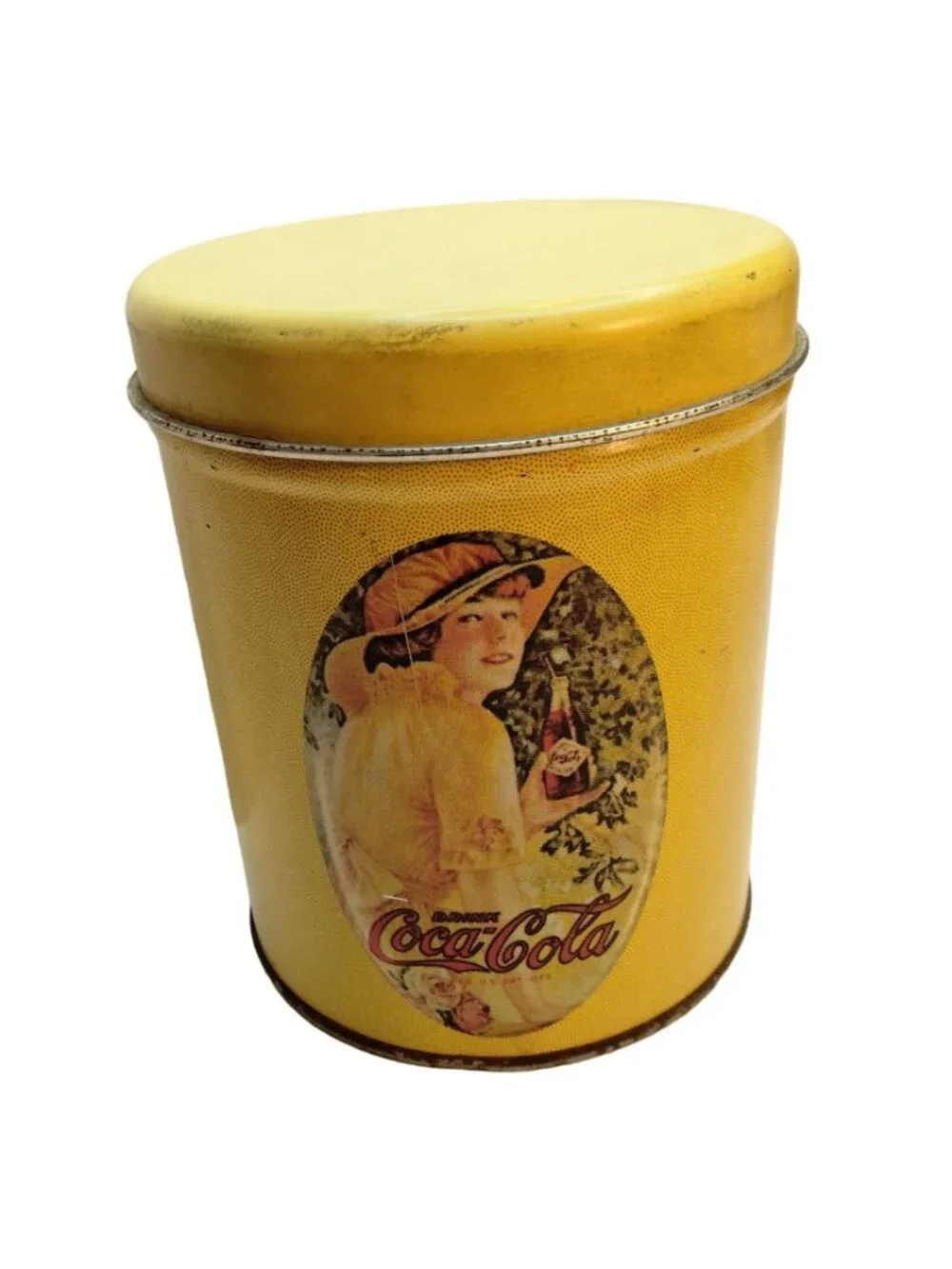 Vintage Coca Cola Tin Canister Yellow Lady Holding Coke Lidded Retro 1980s
